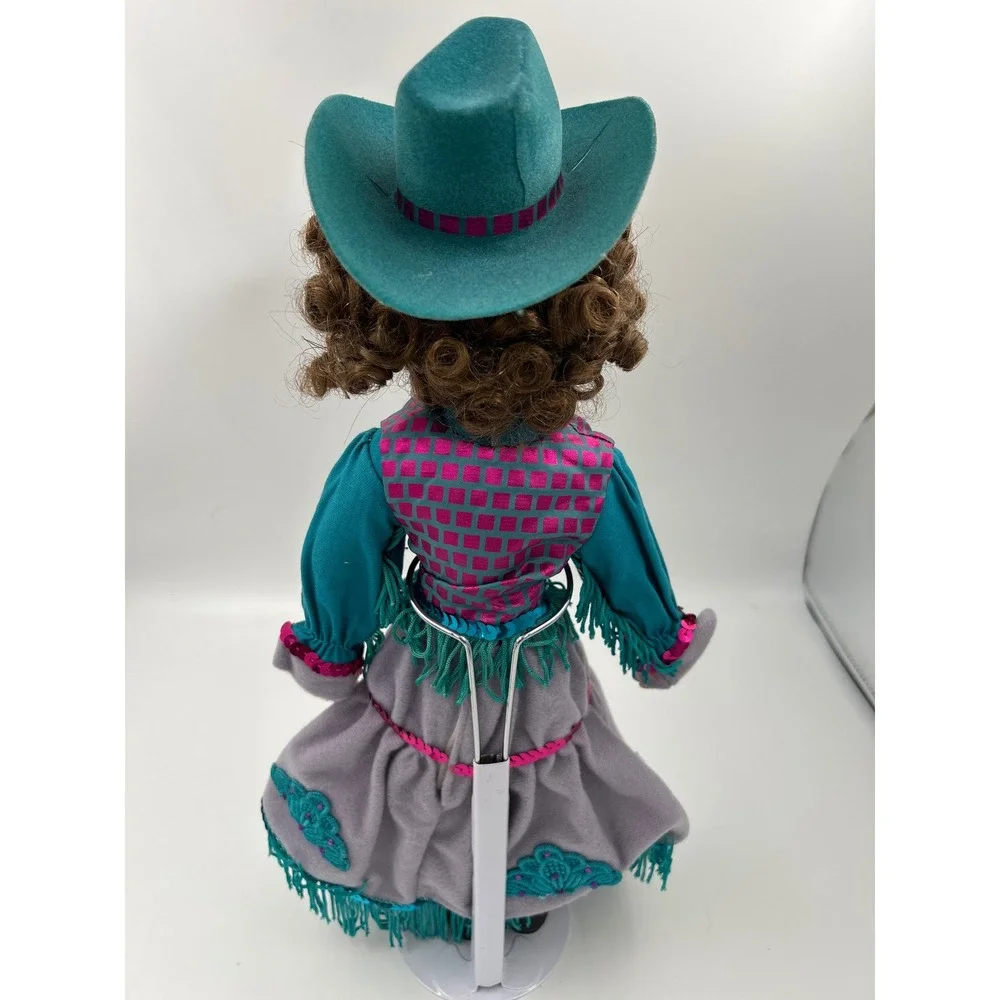 Vintage Porcelain Cowgirl Doll Teal Western Outfit Fringed Skirt with Stand